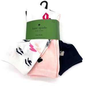 Kate Spade 3 Pair Pack Crew Socks Peach Navy Blue Hearts One Size